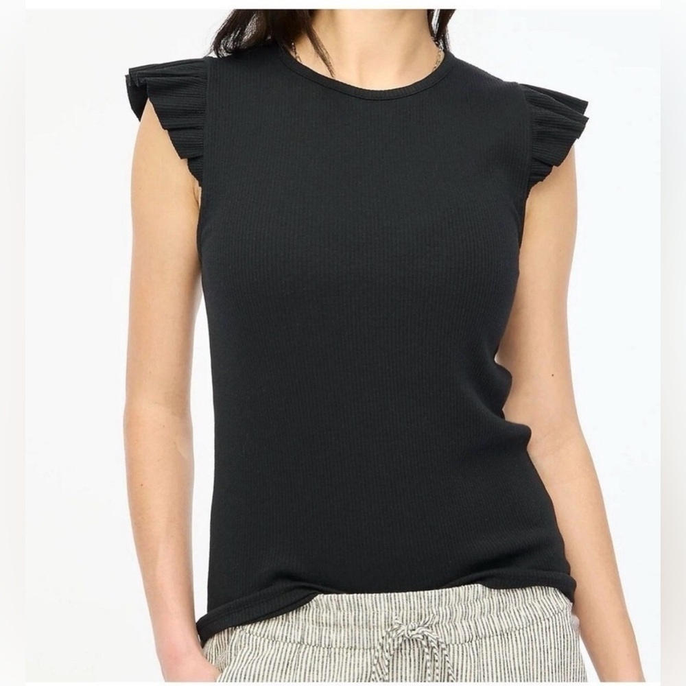 J.Crew Elegant Black Ribbed Tank With Ruffle Sleeve Size Xl